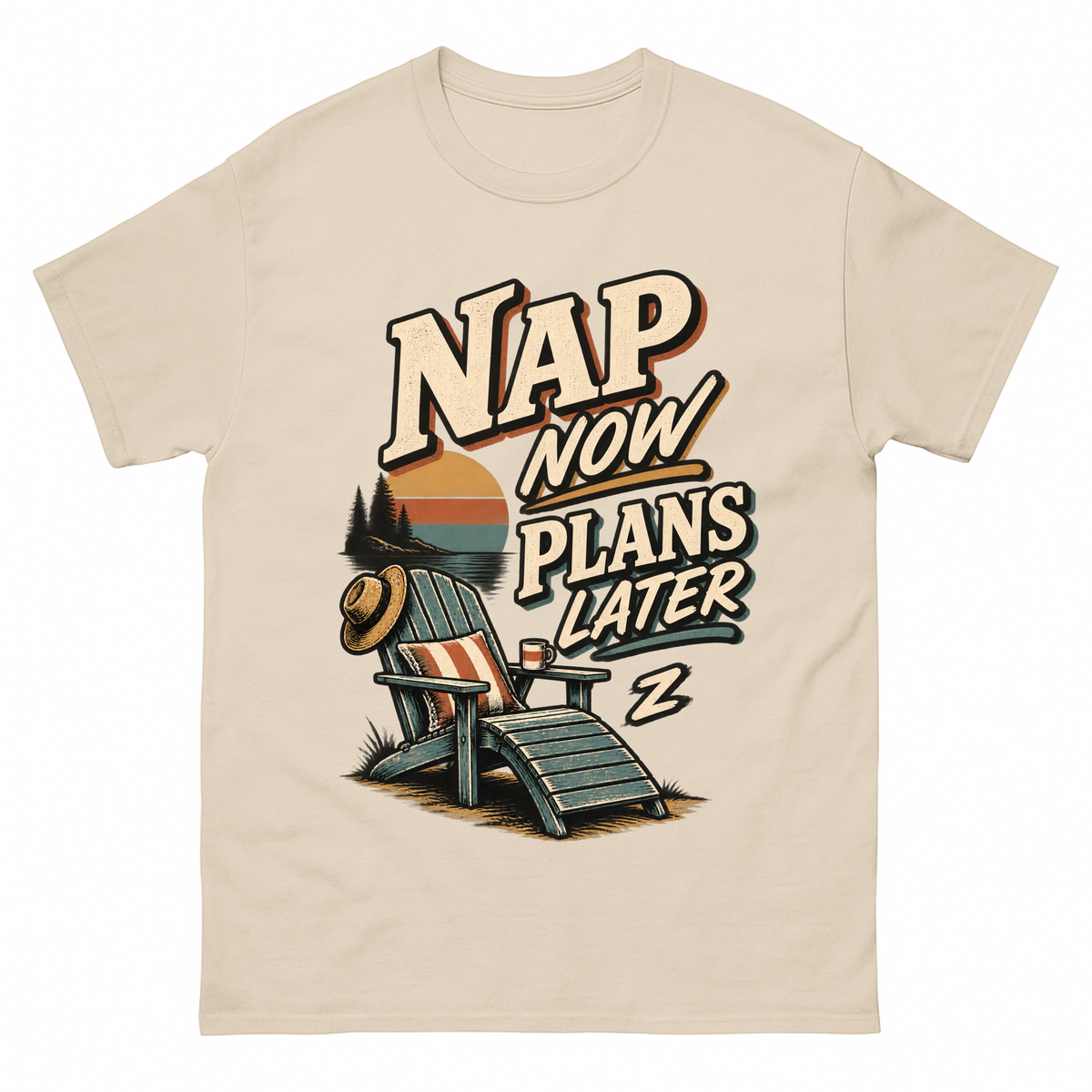Sand vintage t-shirt with Nap Now Plans Later printed front design