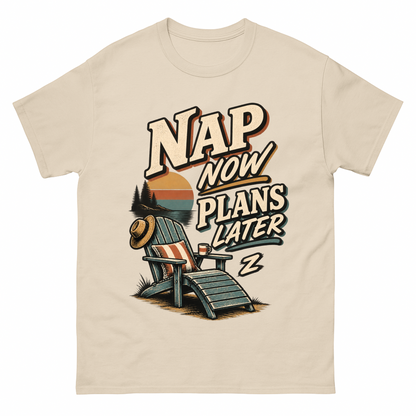 Sand vintage t-shirt with Nap Now Plans Later printed front design