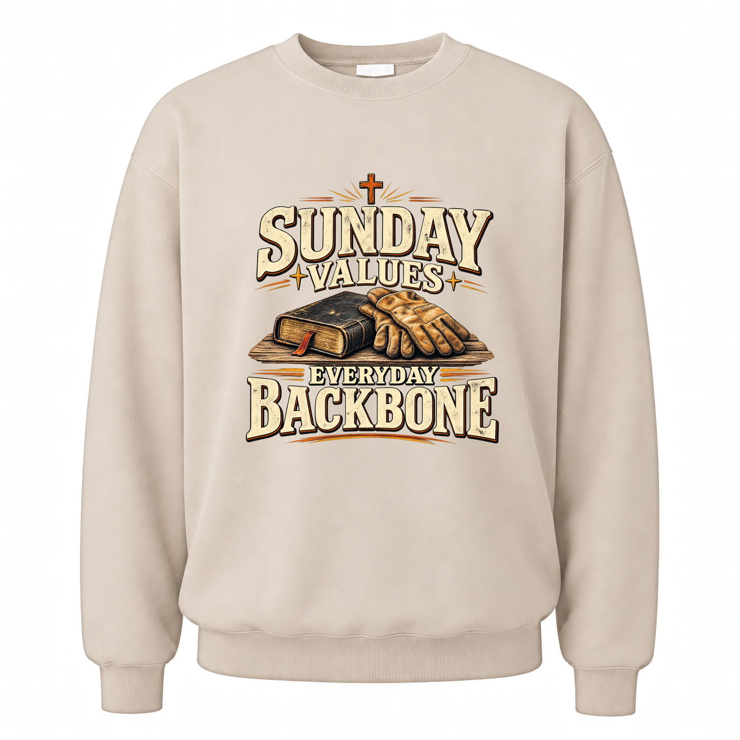 Sand vintage sweatshirt with Sunday Values Everyday Backbone printed front design