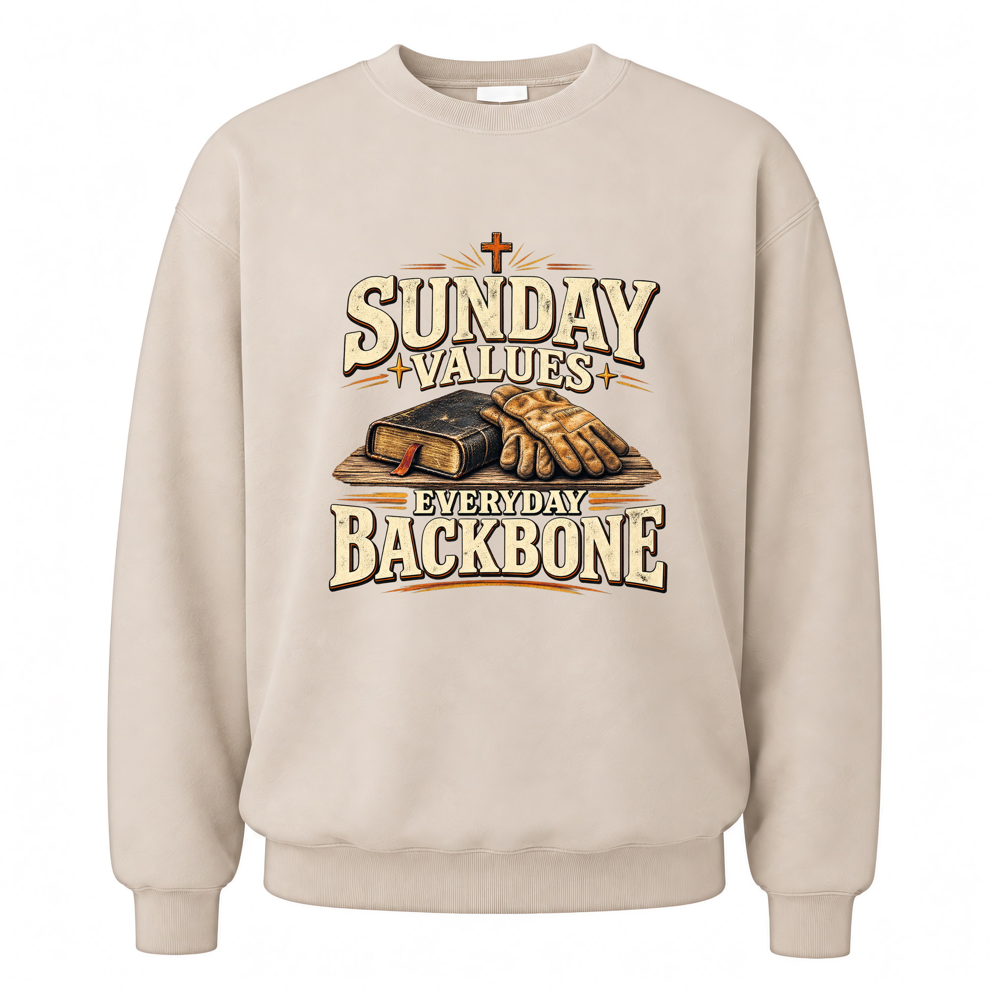 Sand vintage sweatshirt with Sunday Values Everyday Backbone printed front design