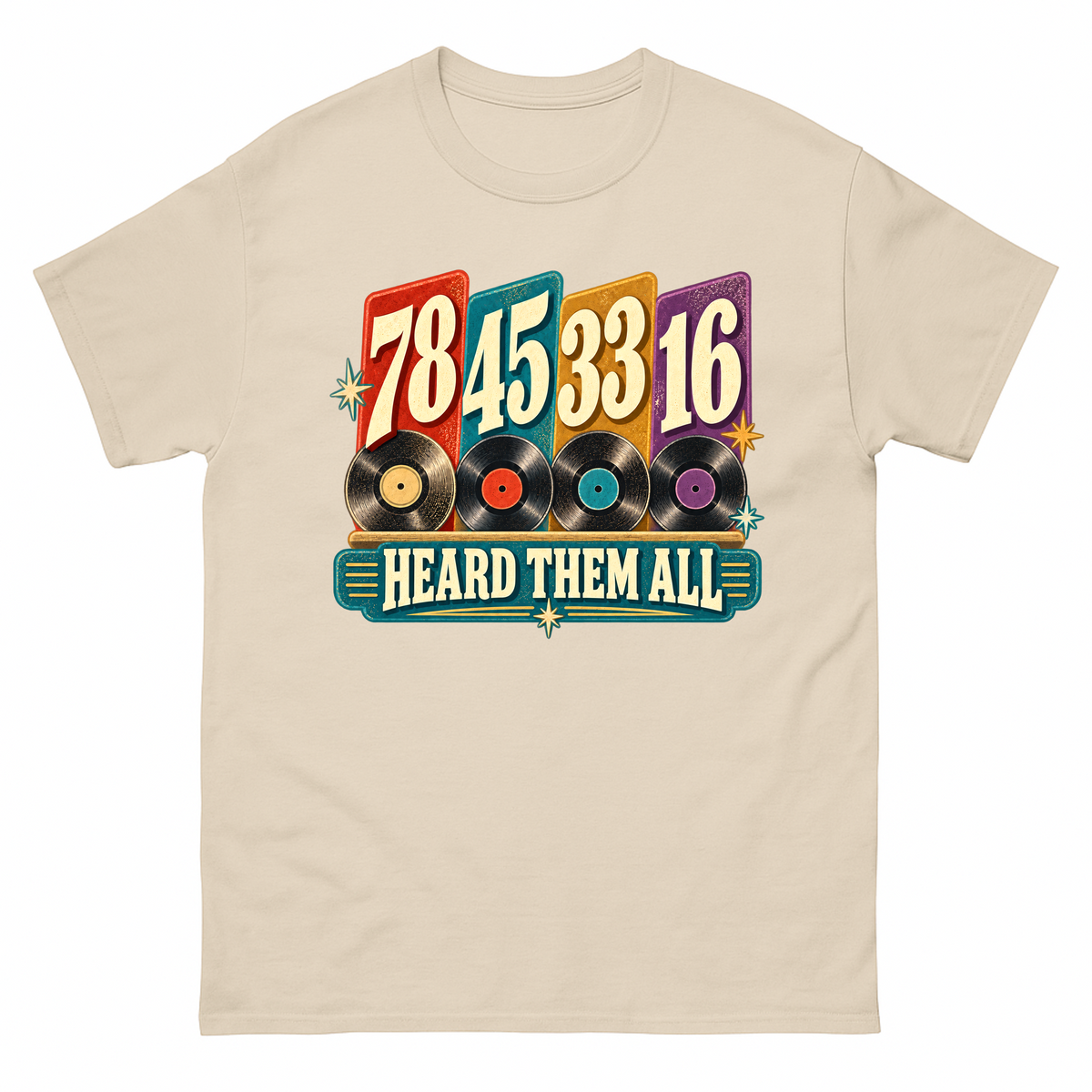 Sand vintage t-shirt with 78 45 33 16. Heard Them All printed front design