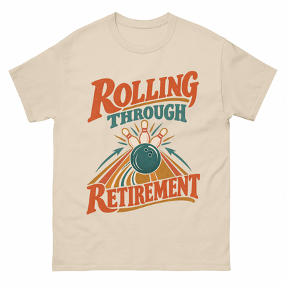 Sand vintage t-shirt with Rolling Through Retirement printed front design