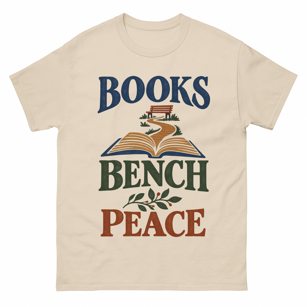 Sand vintage t-shirt with Books Bench Peace printed front design