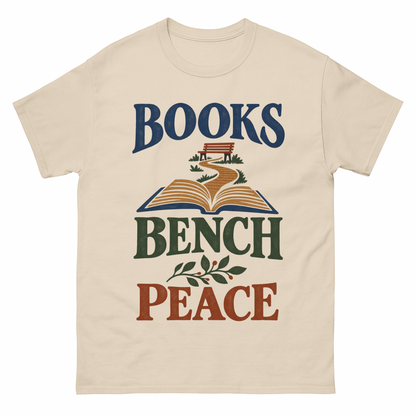 Sand vintage t-shirt with Books Bench Peace printed front design