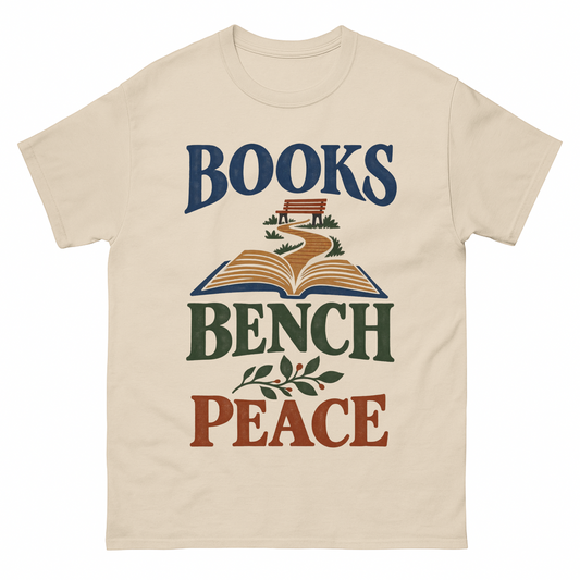 Sand vintage t-shirt with Books Bench Peace printed front design