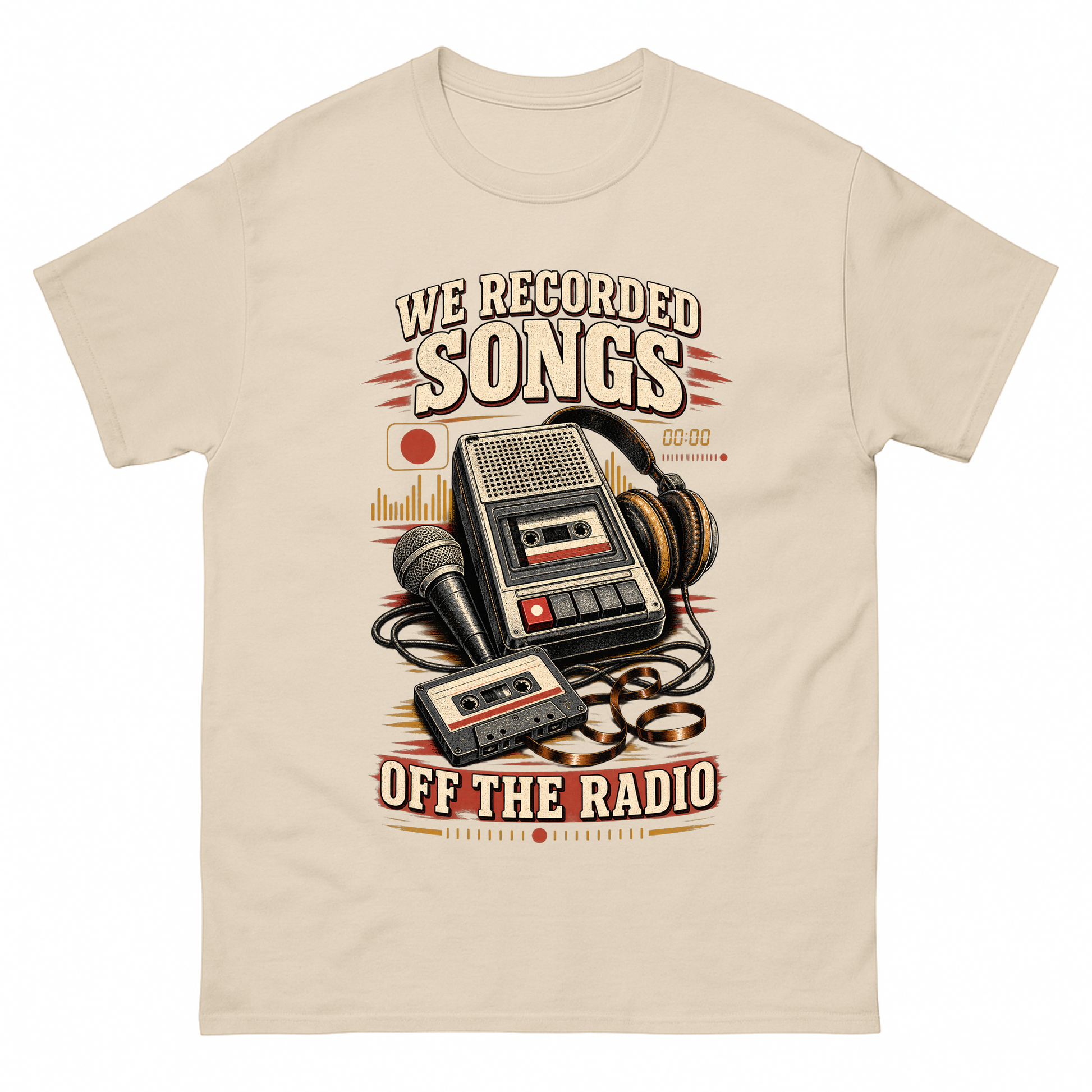 Sand vintage t-shirt with We Recorded Songs Off The Radio printed front design