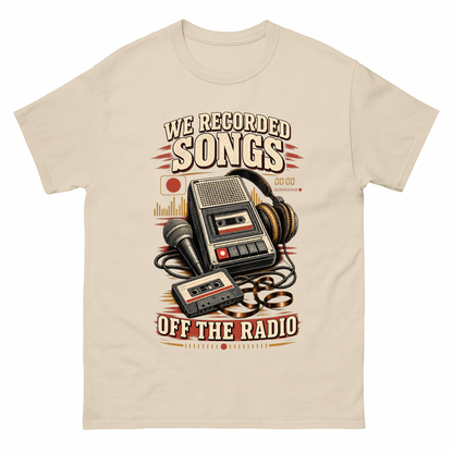 Sand vintage t-shirt with We Recorded Songs Off The Radio printed front design
