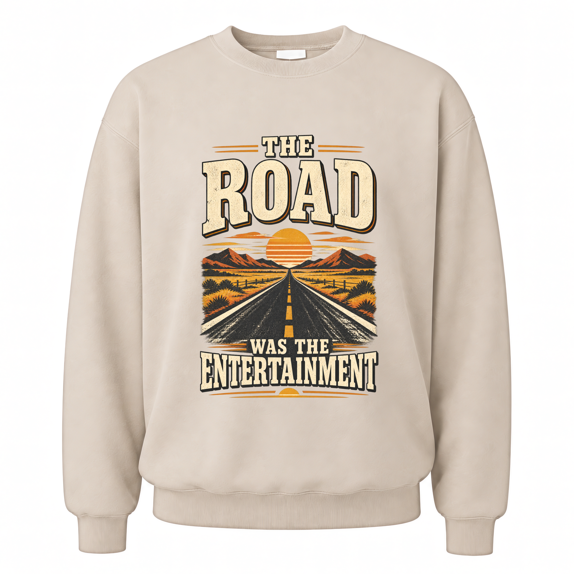 Sand vintage sweatshirt with The Road Was The Entertainment printed front design