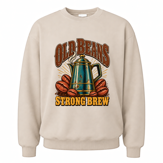 Sand vintage sweatshirt with Old Beans Strong Brew printed front design