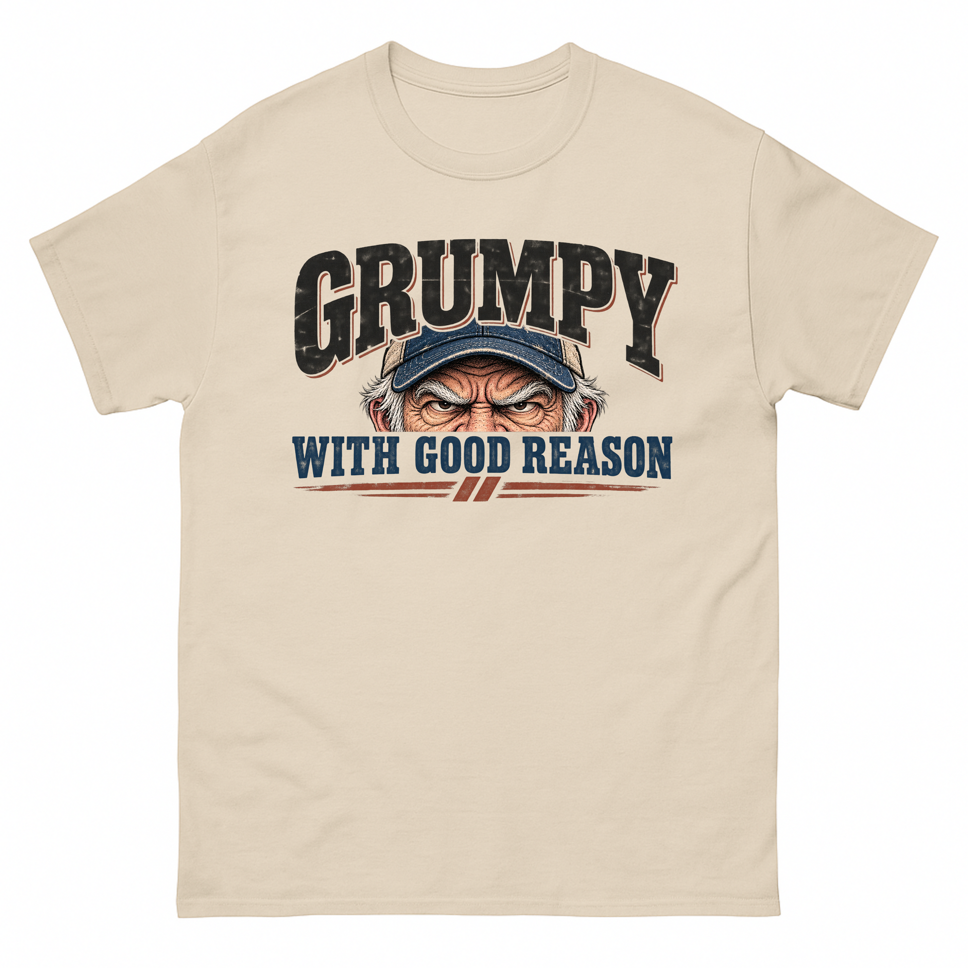 Sand vintage t-shirt with Grumpy With Good Reason printed front design