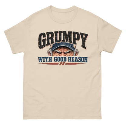 Sand vintage t-shirt with Grumpy With Good Reason printed front design