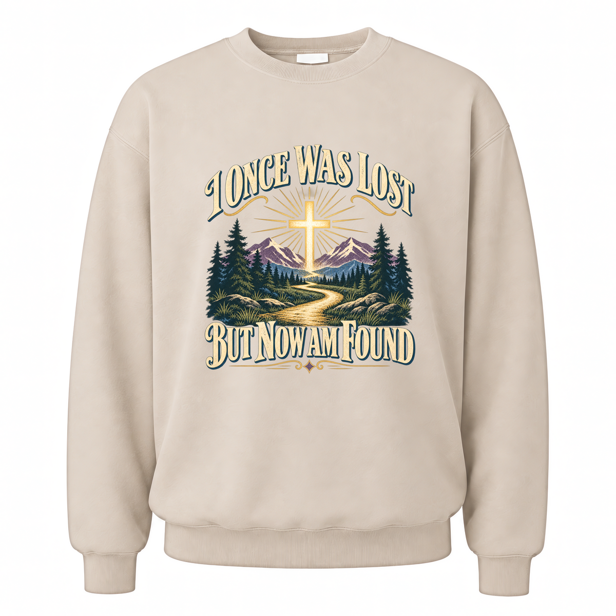 Sand vintage sweatshirt with I Once Was Lost But Now Am Found printed front design