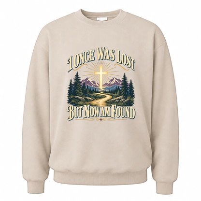 Sand vintage sweatshirt with I Once Was Lost But Now Am Found printed front design
