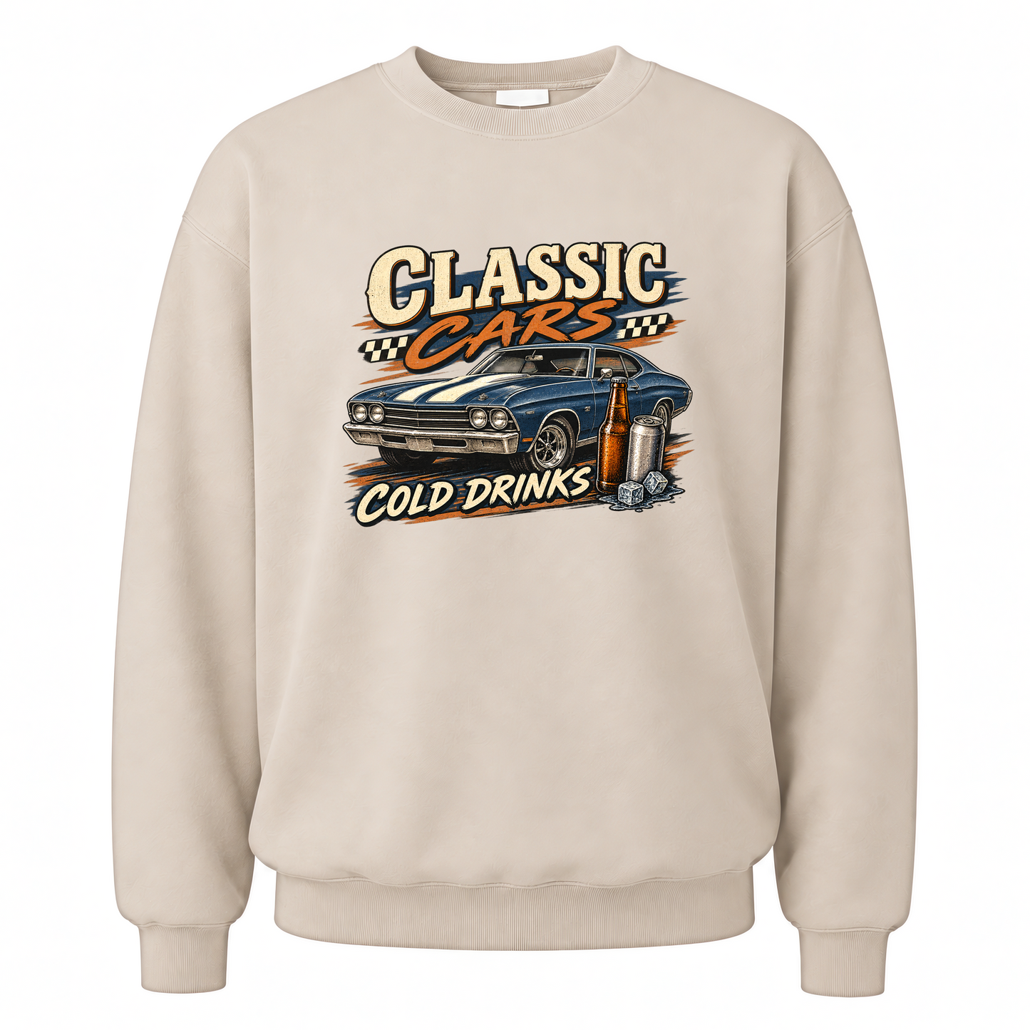 Sand vintage sweatshirt with Classic Cars. Cold Drinks printed front design