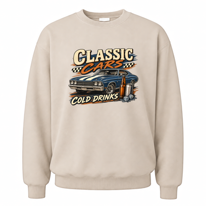 Sand vintage sweatshirt with Classic Cars. Cold Drinks printed front design