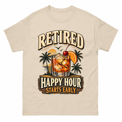 Sand vintage t-shirt with Retired Happy Hour Starts Early printed front design