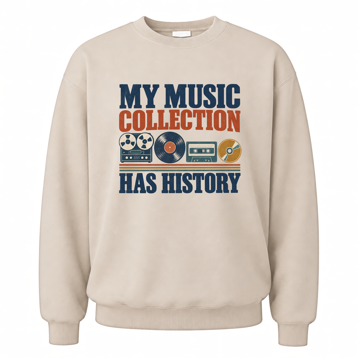 Sand vintage sweatshirt with My Music Collection Has History printed front design