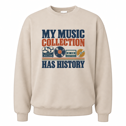 Sand vintage sweatshirt with My Music Collection Has History printed front design