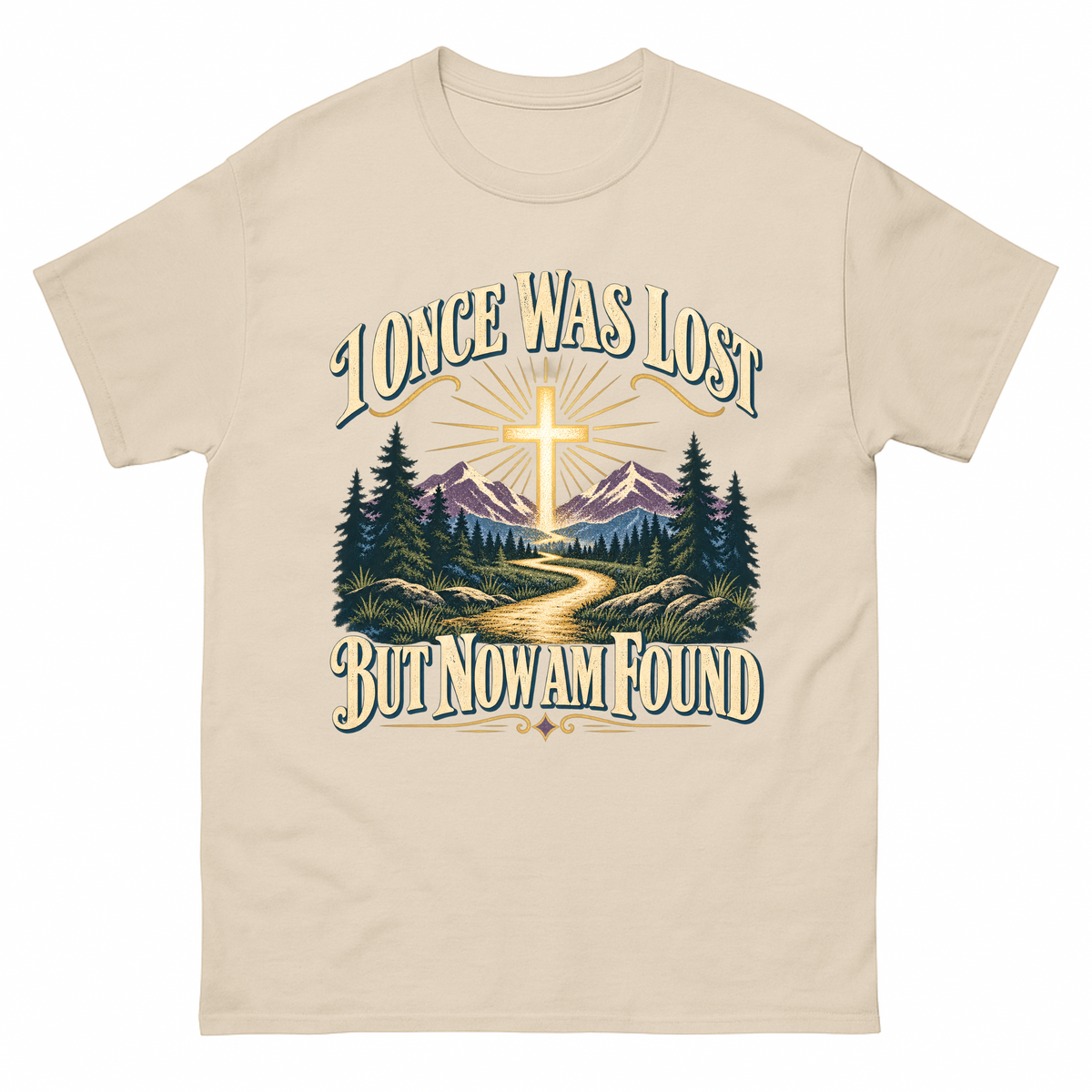 Sand vintage t-shirt with I Once Was Lost But Now Am Found printed front design