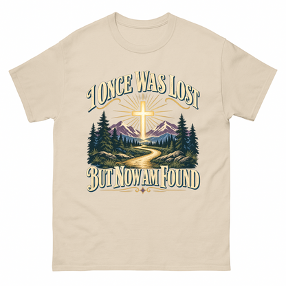 Sand vintage t-shirt with I Once Was Lost But Now Am Found printed front design