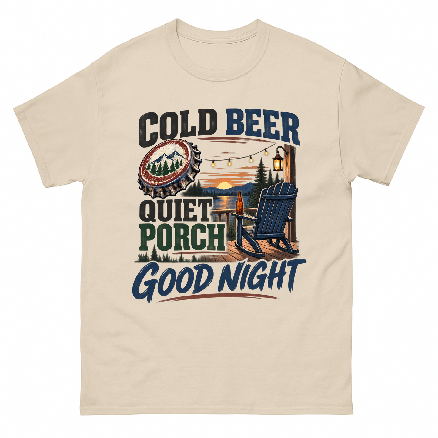 Sand vintage t-shirt with Cold Beer Quiet Porch Good Night printed front design