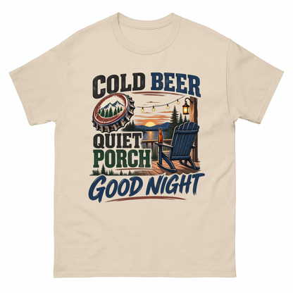 Sand vintage t-shirt with Cold Beer Quiet Porch Good Night printed front design