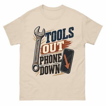Sand vintage t-shirt with Tools Out. Phone Down printed front design