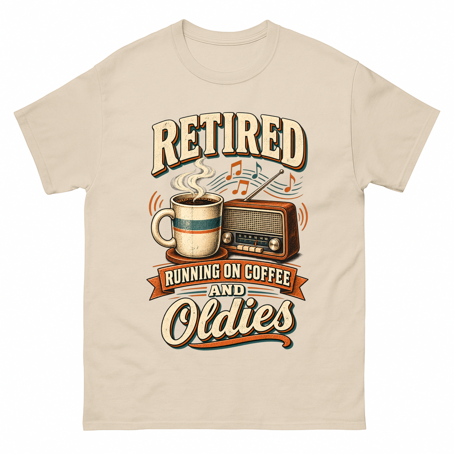 Sand vintage t-shirt with Retro Running On Coffee And Oldies printed front design