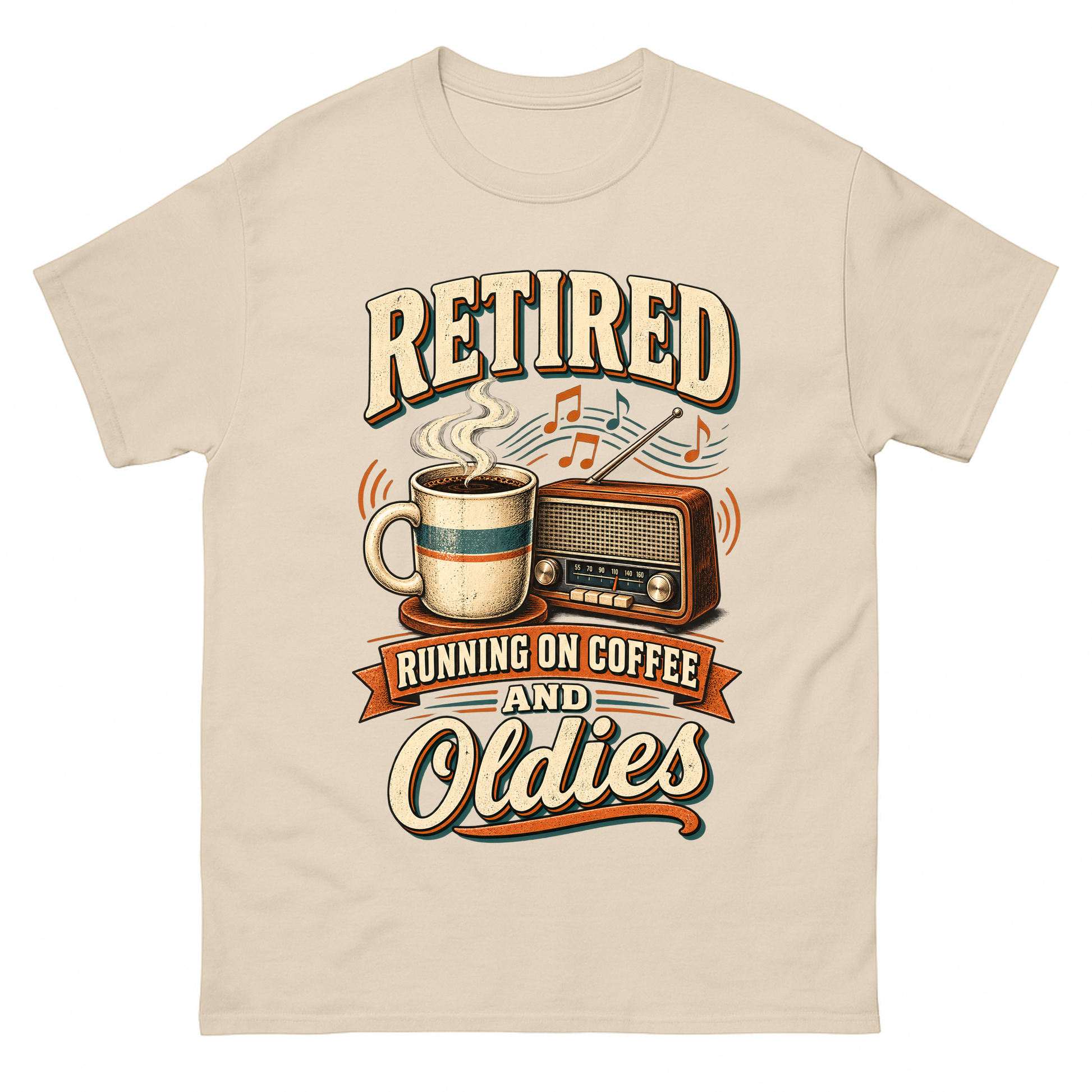 Sand vintage t-shirt with Retro Running On Coffee And Oldies printed front design