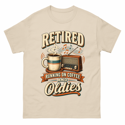 Sand vintage t-shirt with Retro Running On Coffee And Oldies printed front design