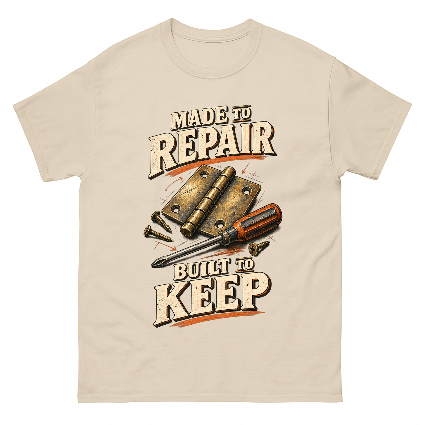 Sand vintage t-shirt with Made To Repair. Built To Keep printed front design