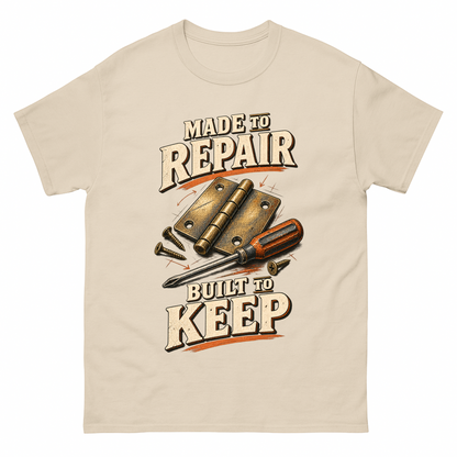Sand vintage t-shirt with Made To Repair. Built To Keep printed front design