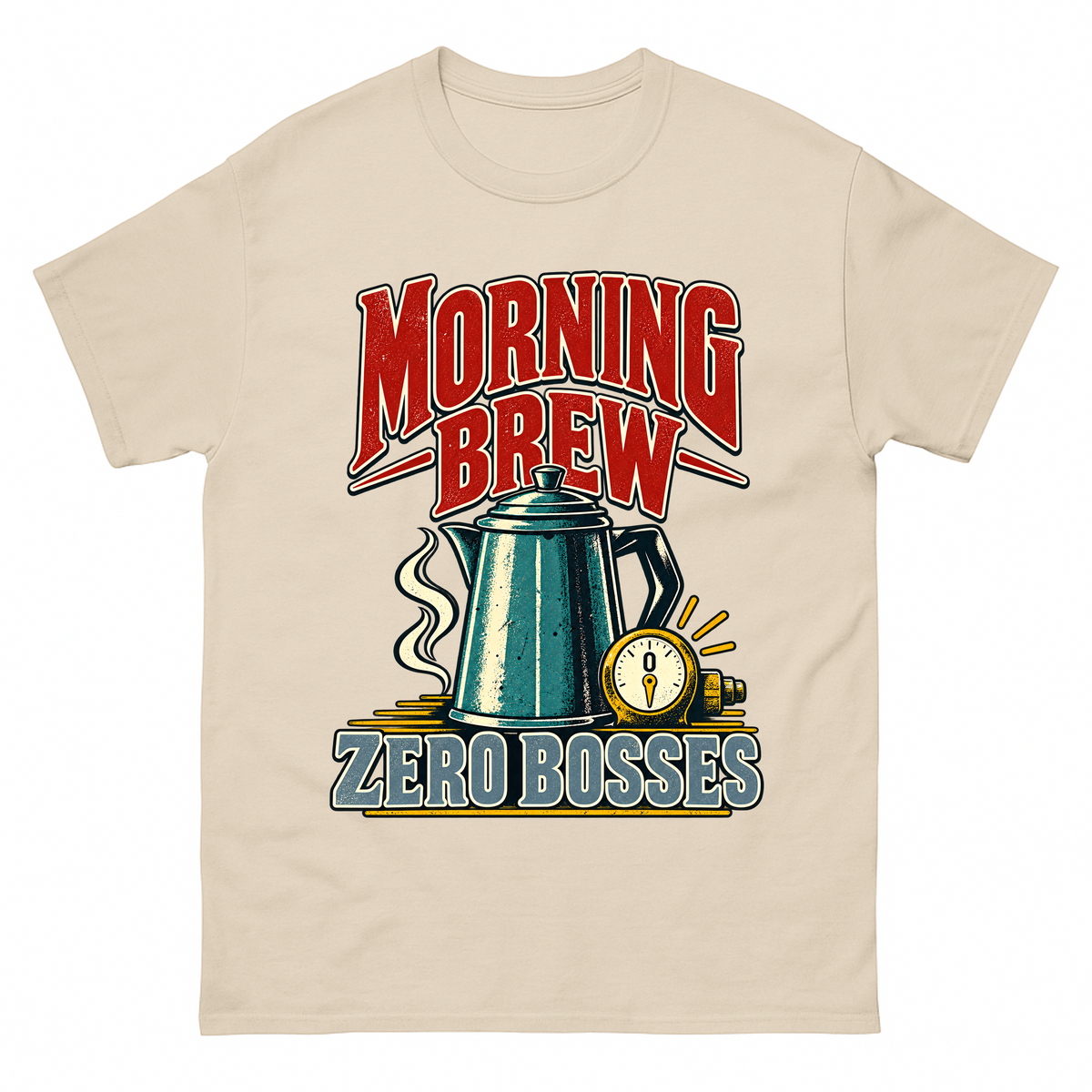 Sand vintage t-shirt with Morning Brew. Zero Bosses printed front design