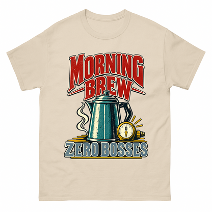 Sand vintage t-shirt with Morning Brew. Zero Bosses printed front design