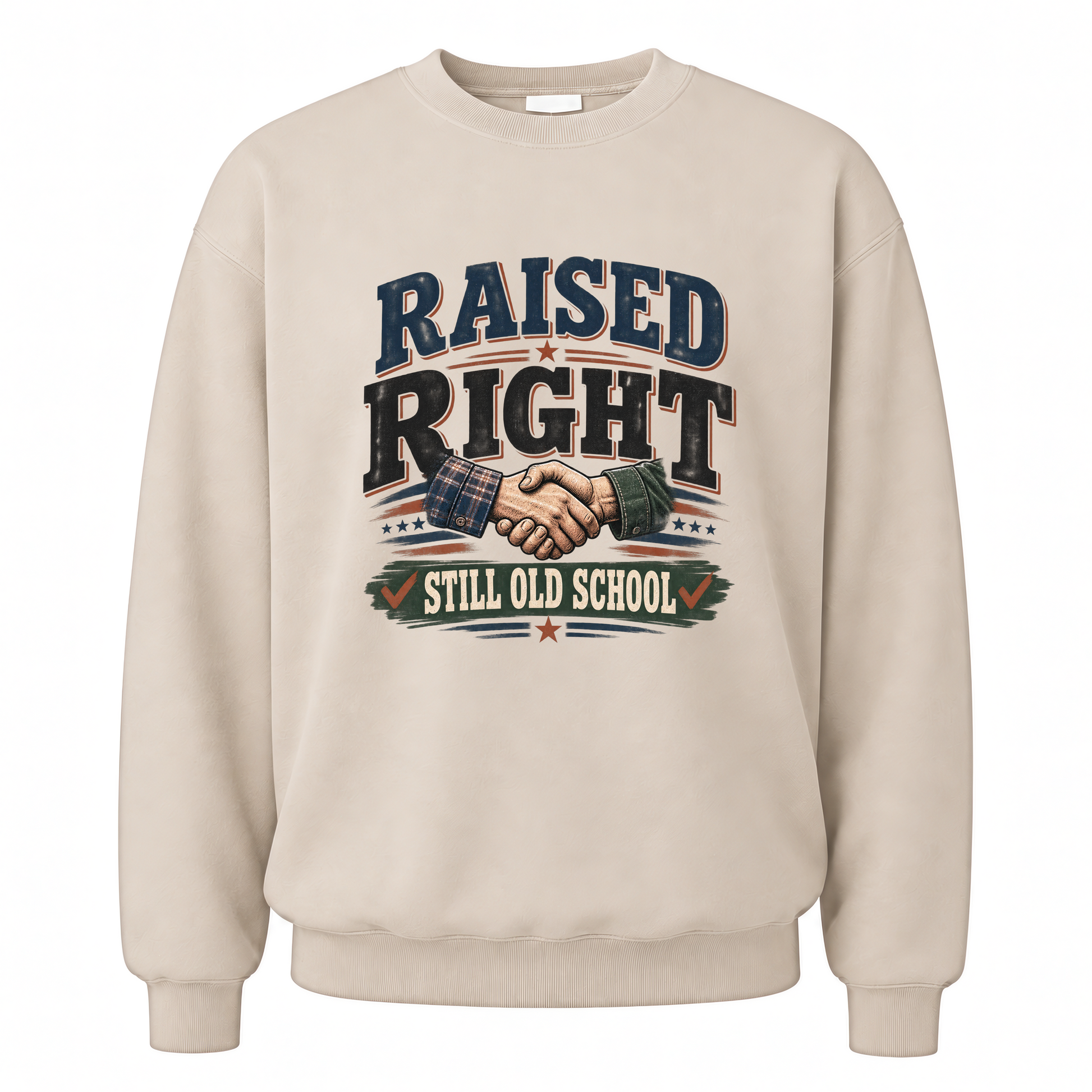 Sand vintage sweatshirt with Raised Right Still Old School printed front design