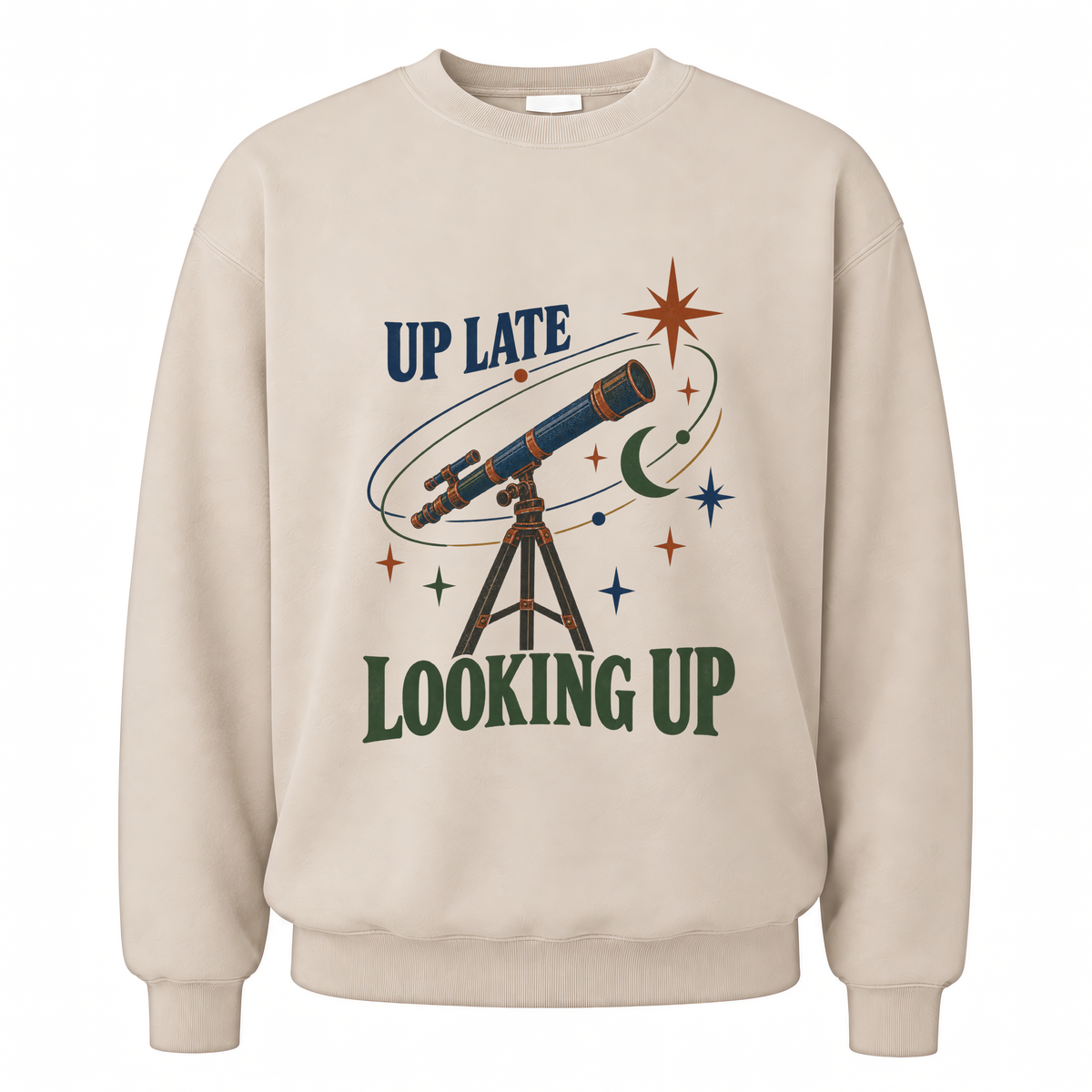 Sand vintage sweatshirt with Up Late Looking Up printed front design