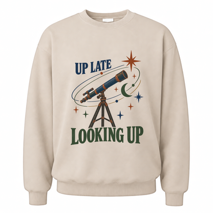 Sand vintage sweatshirt with Up Late Looking Up printed front design