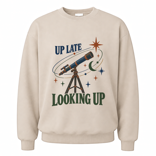 Sand vintage sweatshirt with Up Late Looking Up printed front design