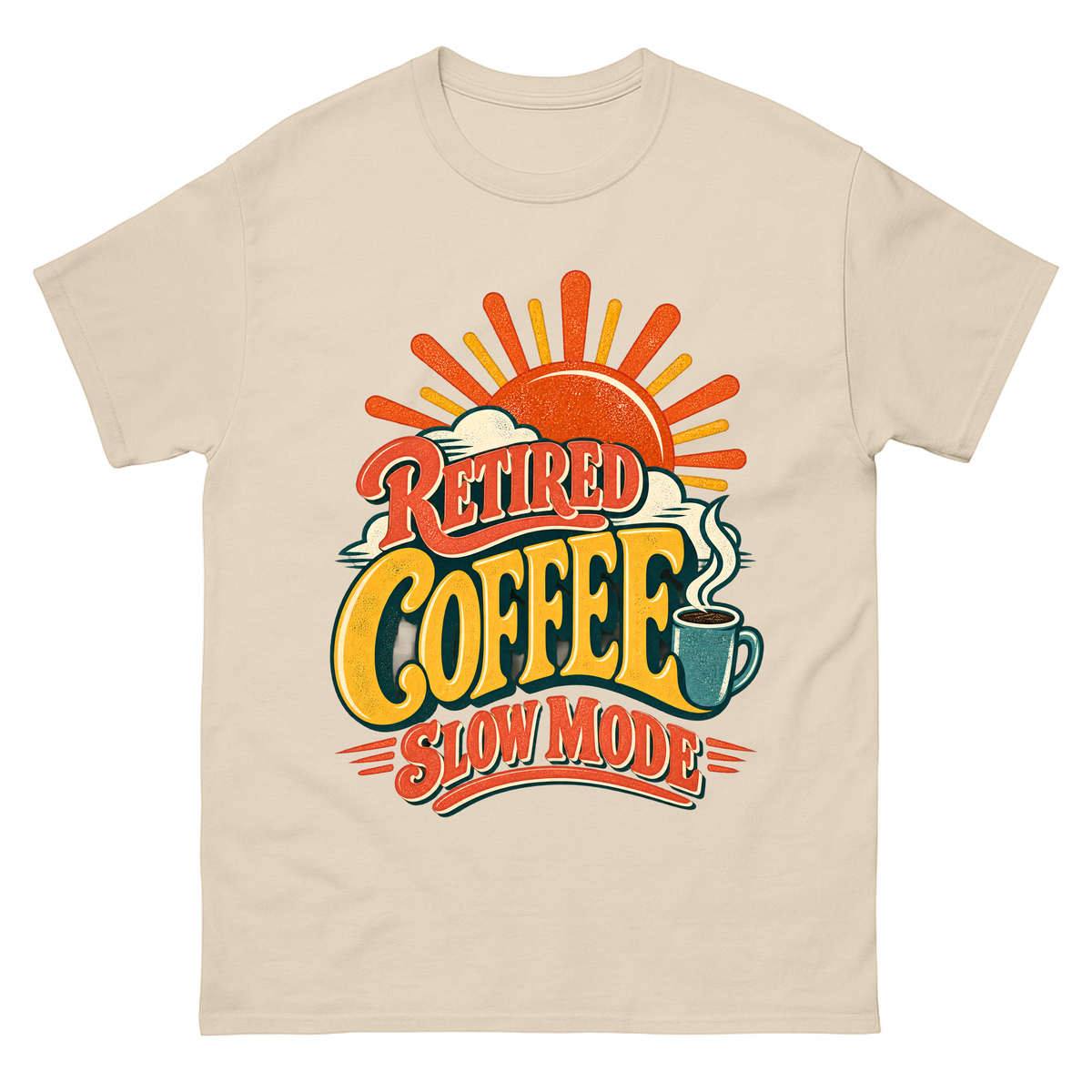 Sand vintage t-shirt with Retired Coffee Slow Mode printed front design