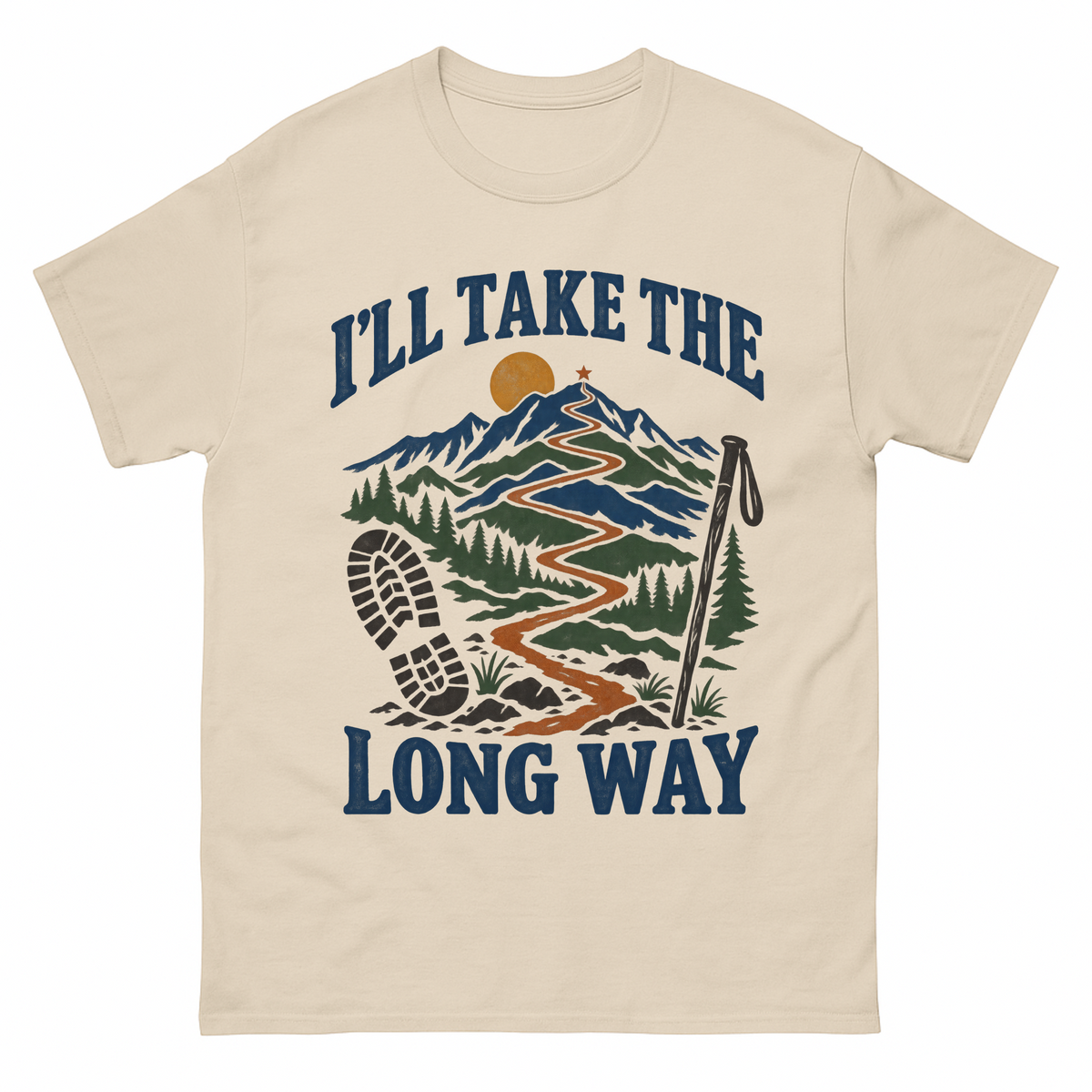 Sand vintage t-shirt with I’Ll Take The Long Way printed front design