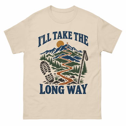Sand vintage t-shirt with I’Ll Take The Long Way printed front design