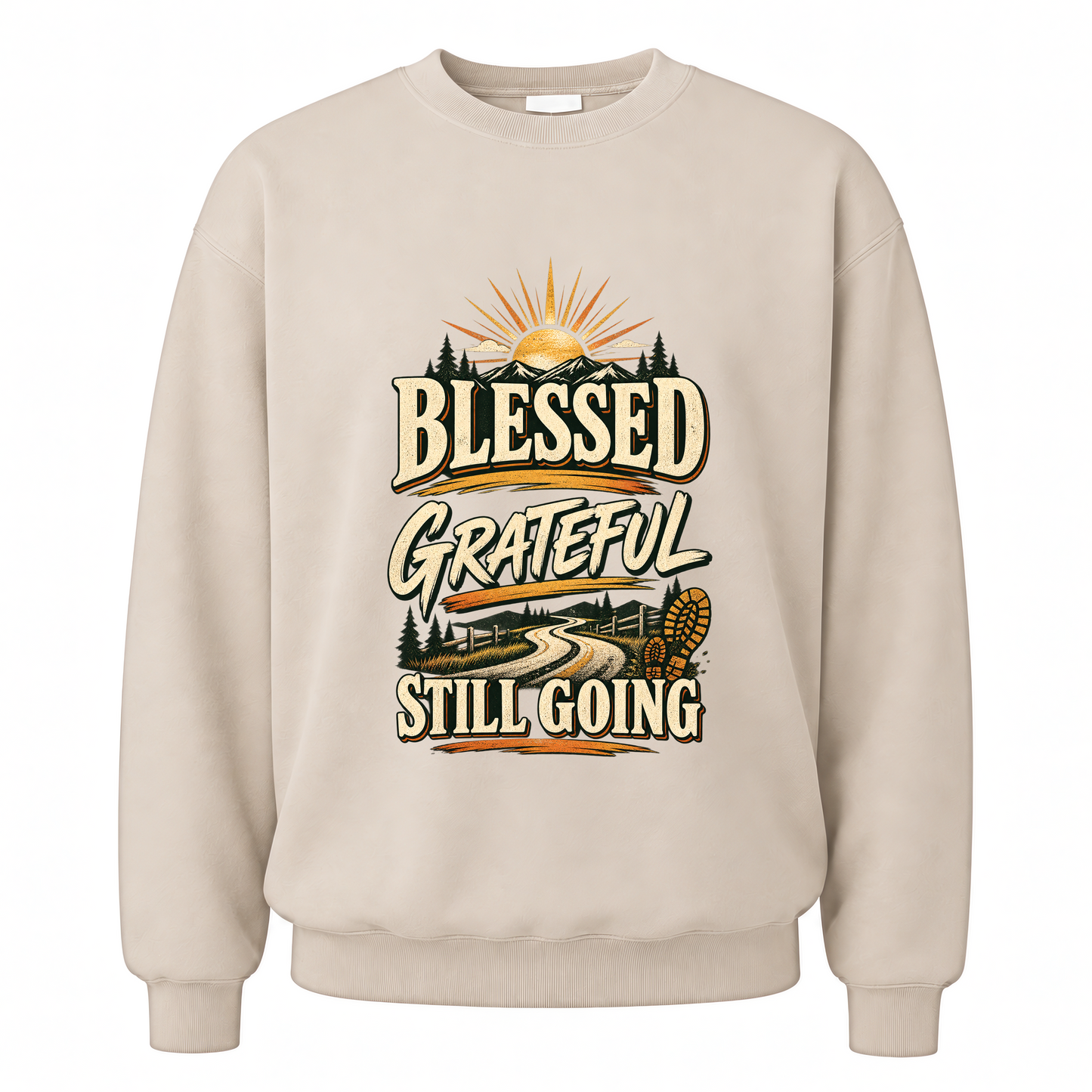 Sand vintage sweatshirt with Blessed Grateful Still Going printed front design