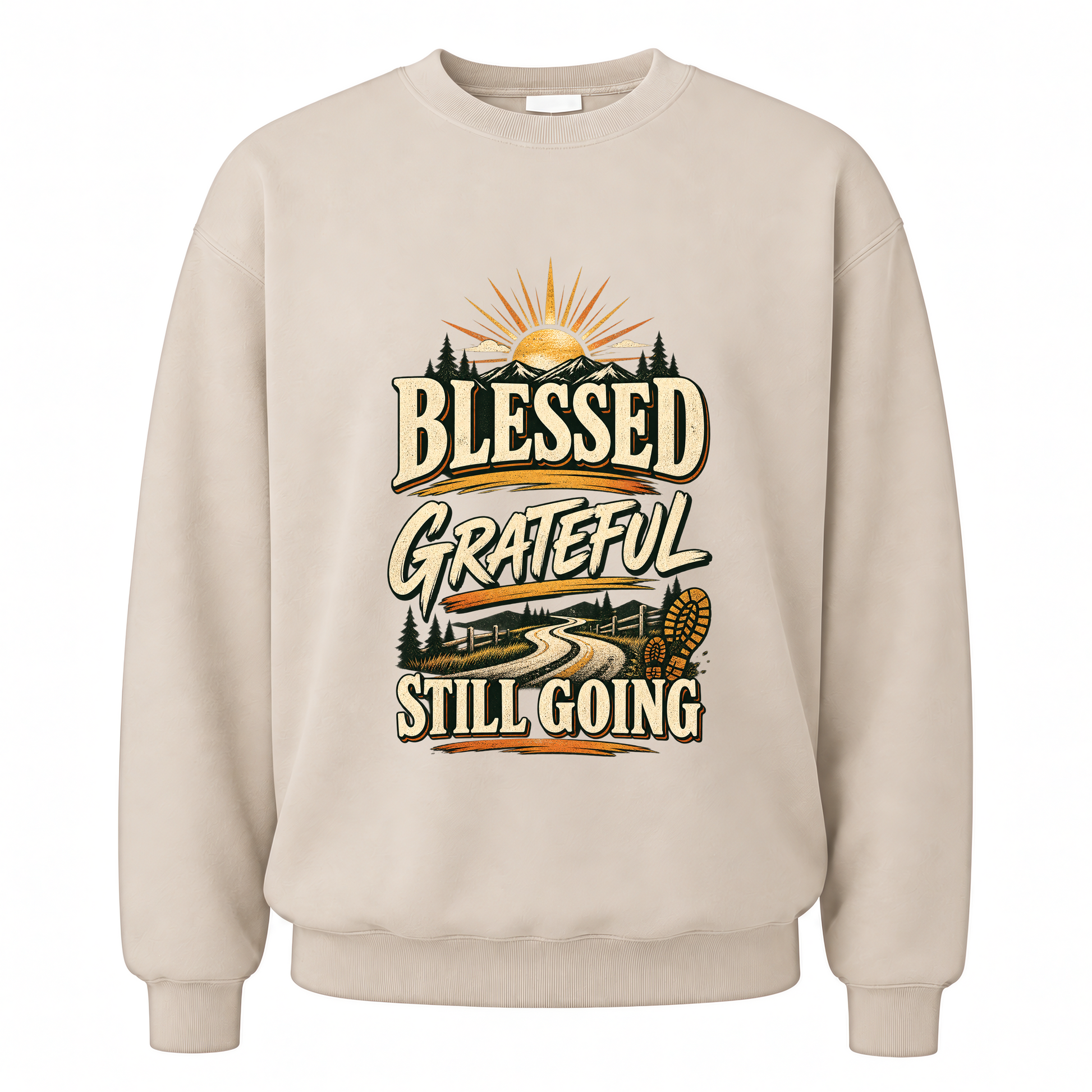 Sand vintage sweatshirt with Blessed Grateful Still Going printed front design