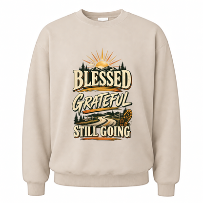 Sand vintage sweatshirt with Blessed Grateful Still Going printed front design