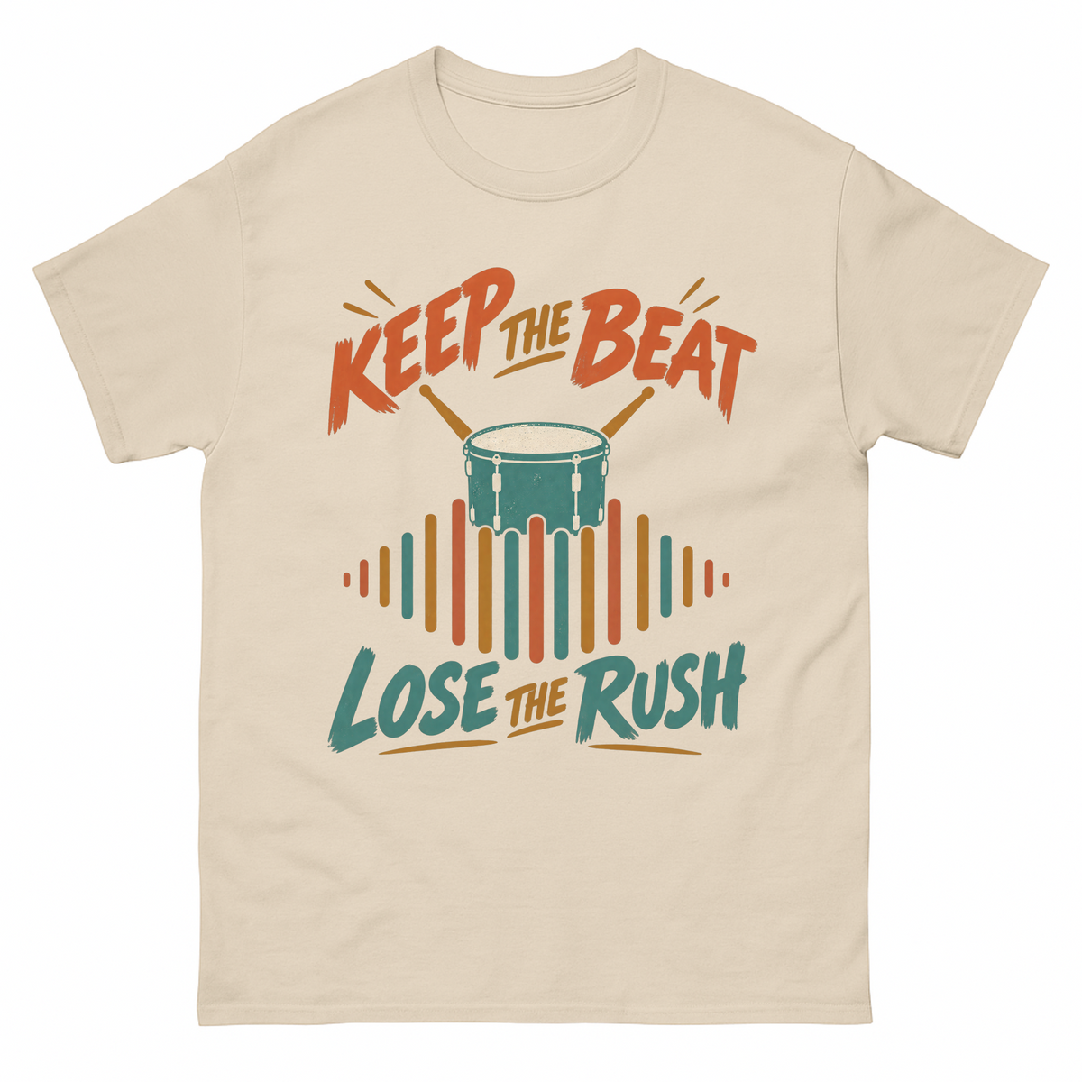 Sand vintage t-shirt with Keep The Beat. Lose The Rush printed front design