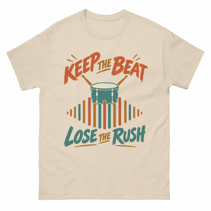 Sand vintage t-shirt with Keep The Beat. Lose The Rush printed front design