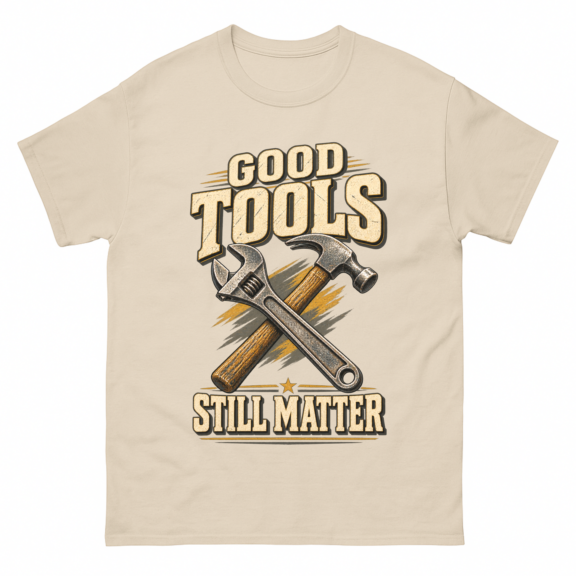 Sand vintage t-shirt with Good Tools Still Matter printed front design