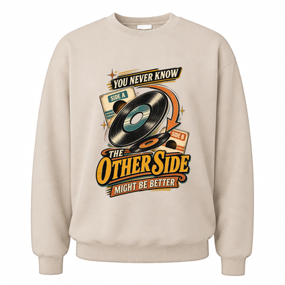 Sand vintage sweatshirt with you never know the other side vertical ideogram 4x printed front design