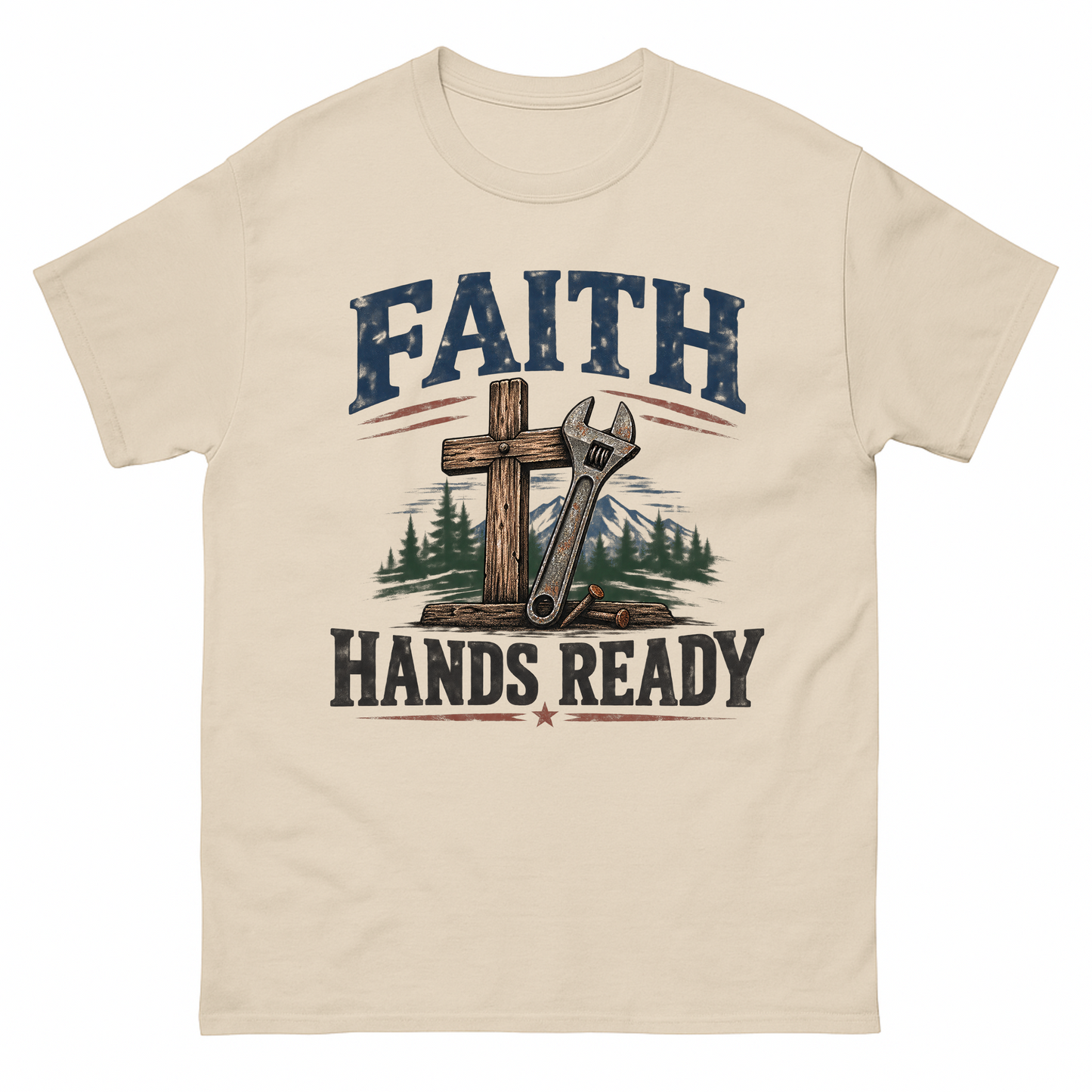 Sand vintage t-shirt with Faith Hands Ready printed front design