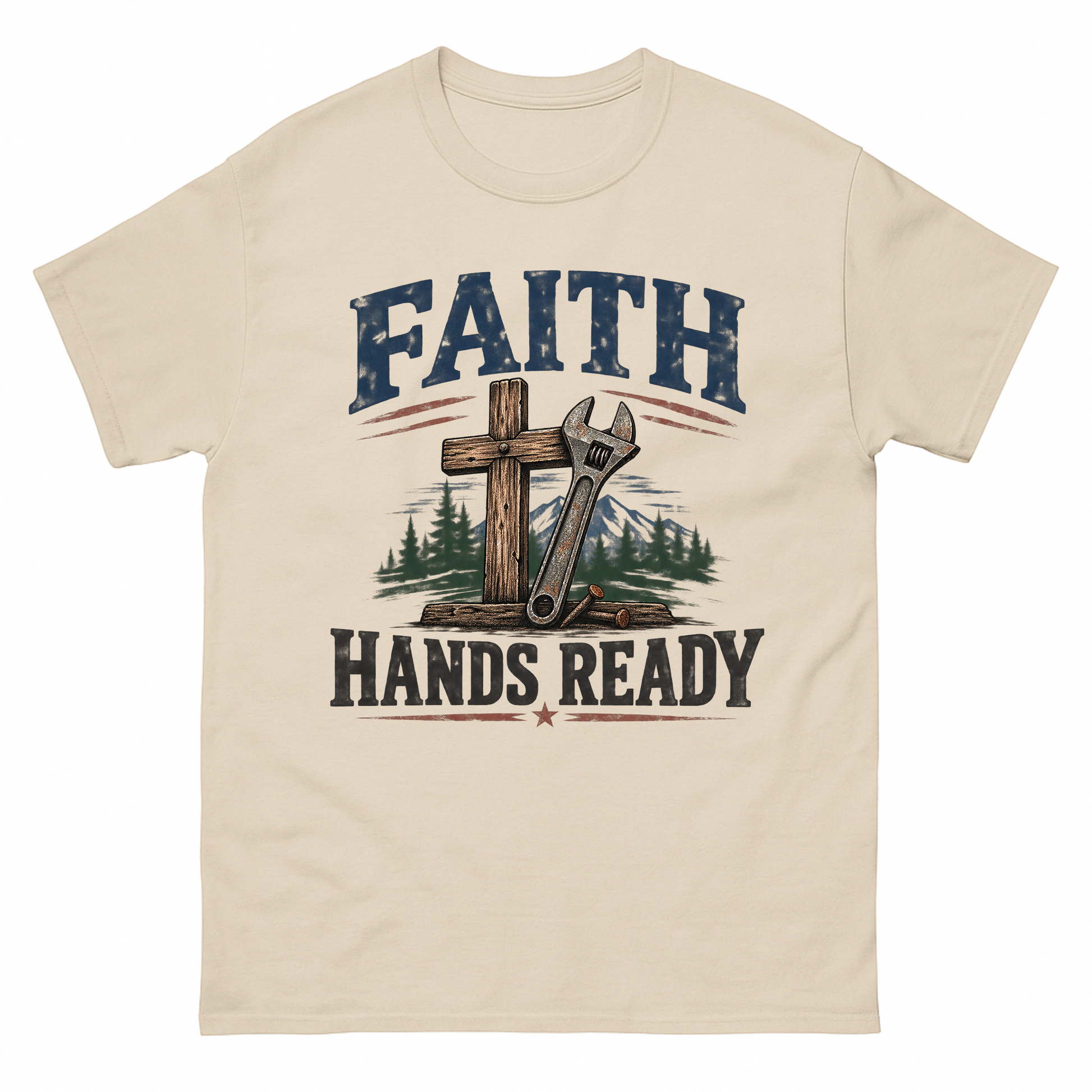 Sand vintage t-shirt with Faith Hands Ready printed front design